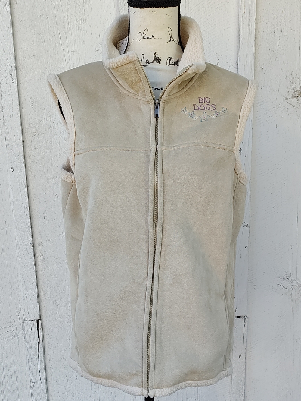 Big Dogs Cream Sherpa-Lined Sleeveless Faux Suede Vest NWT Womens' XL
